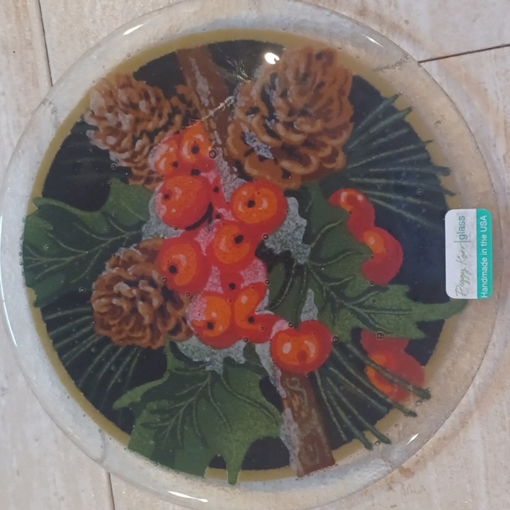 Peggy Karr Glass New Fused Glass 8" Pine Cones & Holly Plate